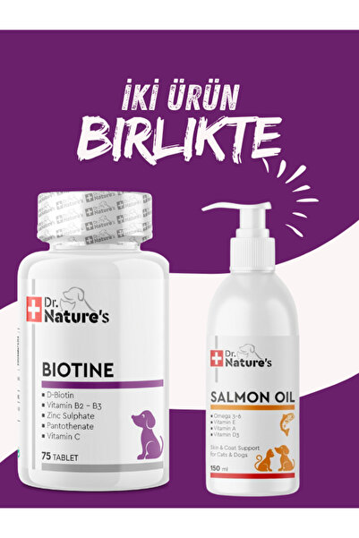 Dr. Nature's Köpekler İçin Tüy Sağlığı Destek Seti – Biotin 75 tablet+ Somon Balık yağı 150 ml