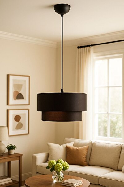 Lampiske İki Katlı Siyah Pasta Model Lüks Abajur Avize Salon Yatak Odası Çocu...