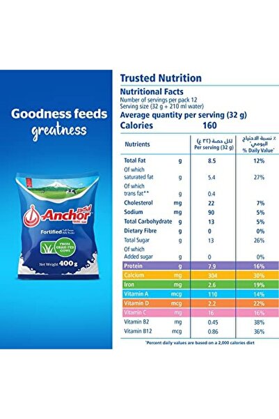 Anchor Fortified Full Cream Milk Powder From Grass Fed Cows, 400 g (Pouch)