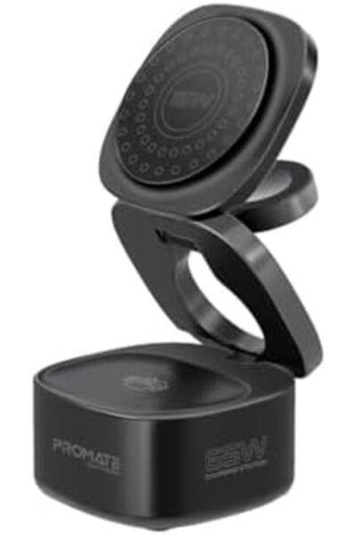 Promate Foldable 4-in-1 Charging Station, GaNFast™ 65W Magsafe with 15W Wireless Pad, AirPods and