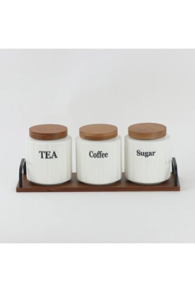 rexa طقم برطمانات سيراميك للقهوة والشاي والسكر بقاعدة خشبية – 3 قطع