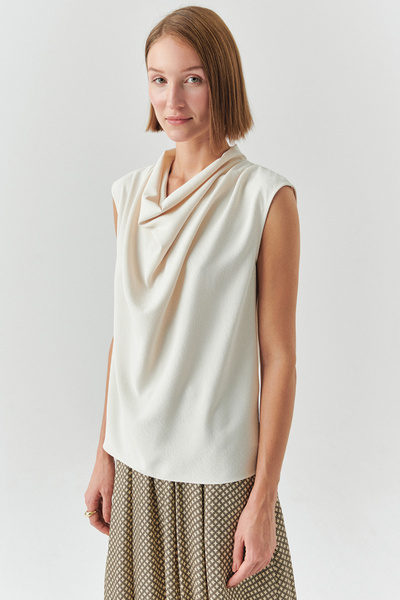 Exquise Degaje Collar Sleeveless Jacquard Regular Cream Blouse