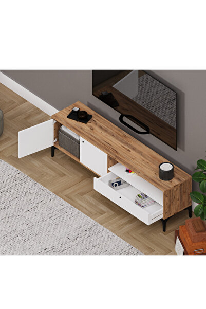 Alfimo Mobilya NOVA 2 KAPAKLI ÇEKMECELİ TV ÜNİTESİ CEVİZ&BEYAZ AFM142