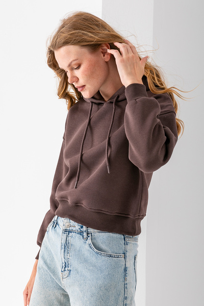 GİYSA Γυναικείο φούτερ με κουκούλα 3 κλωστών με ανοιχτόχρωμο καφέ - 2612