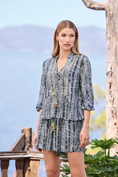 MONAMİSE Women's Patterned Three Quarter Sleeve V Neck Bottom Top Set 25044