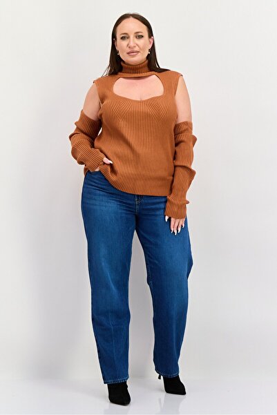 ASOS Women Curve Turtle Neck Cold Shoulder Knitted Blouse, Brown