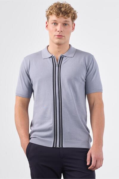 Dufy Gri Polo Fermuar Yaka Düz Kısa Kollu Slim Fit Erkek Triko