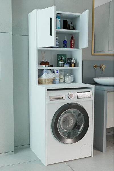 ECM Çamaşır Makinesi Üstü Çok Amaçlı Banyo Dolabı Kapaklı ve Raflı, Depolama Alanı, Modern Tasarım Dolap