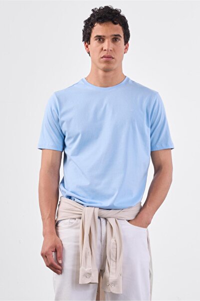Dufy Açık Mavi Bisiklet Yaka Pamuklu Düz Renk Slim Fit Erkek T-shirt
