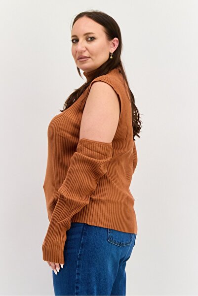 ASOS Women Curve Turtle Neck Cold Shoulder Knitted Blouse, Brown