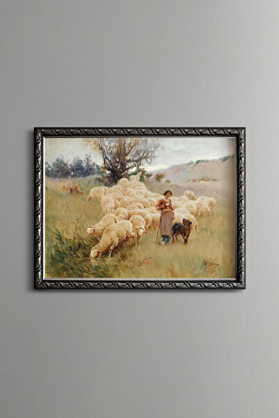 epiqart Women and Sheep Flock - Vintage Patterned Frame