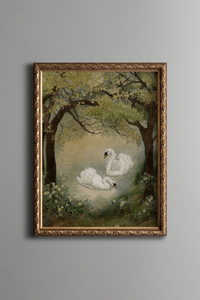 epiqart Kuğu Çifti - Vintage Desenli Çerçeve