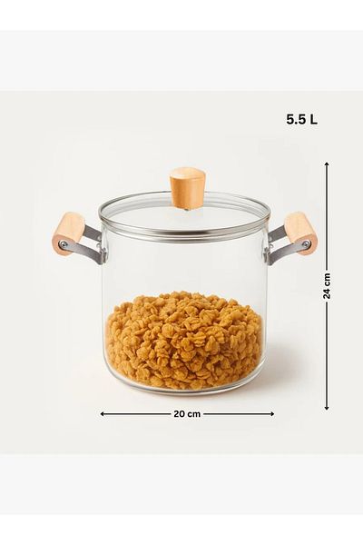rexa Clear Heat-Resistant Glass Pot with Lid and Wooden Handle - 5.5 L - 2SS1-A05-004