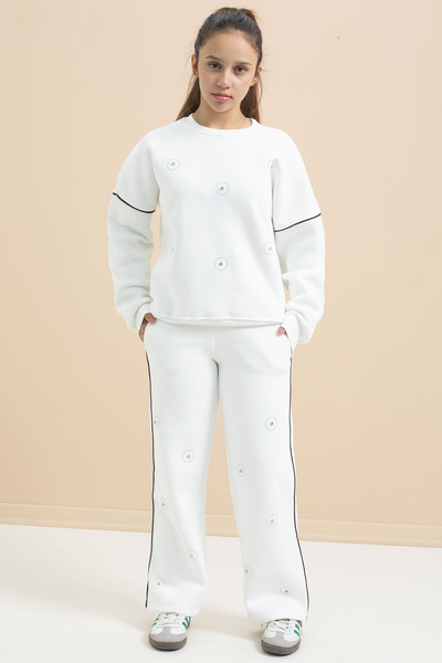 Cansın Mini White Sequin Embroidered Hooded Girl's 2-Piece Tracksuit Set 21425