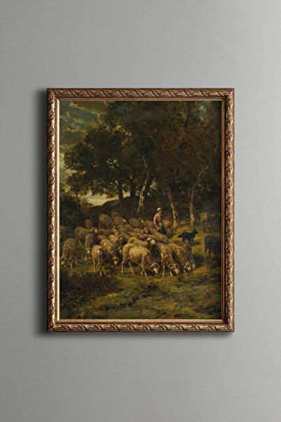 epiqart Shepherd Girl and Her Flock - Vintage Patterned Frame