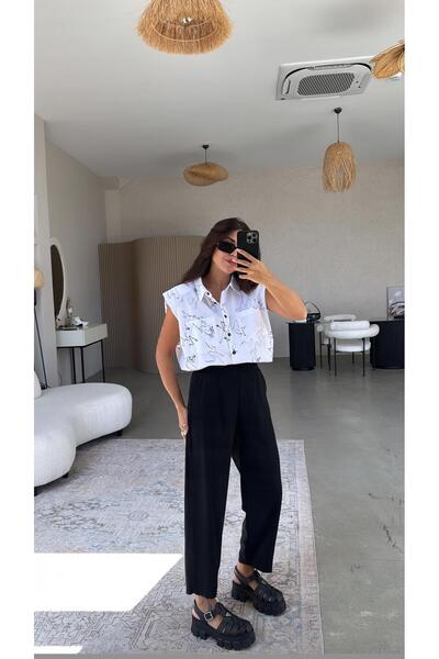 Buket Teke Black Washed Fabric Trousers with Elastic Waist
