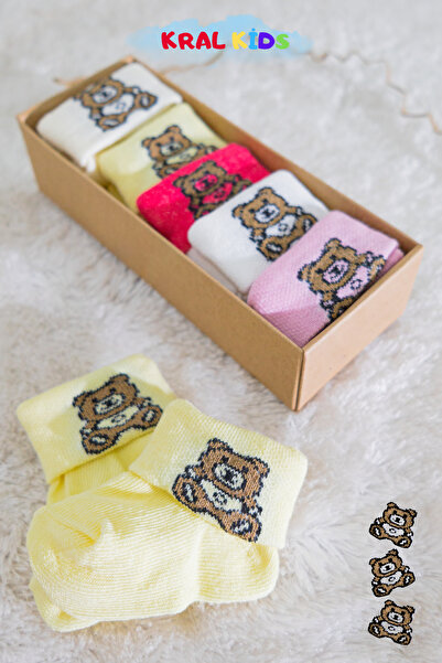 KRAL SOCKS Baby Girl Socks Set 5 Pairs Booties Socks – Teddy Bear Patterned – Boxed – Cotton