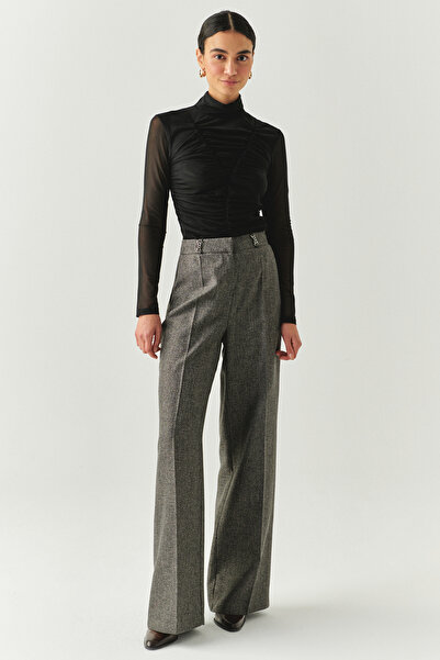 Exquise High Neck Draped Long Sleeve Slim Fit Tulle Blouse