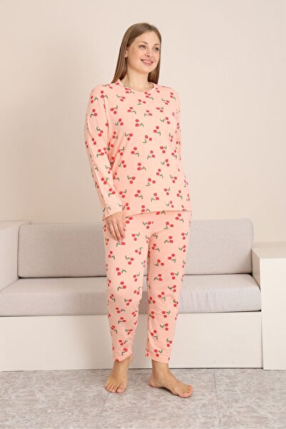 STELLAPİNK BATTAL UZUN KOLLU KİRAZ BASKILI PİJAMA TAKIMI -TURUNCU