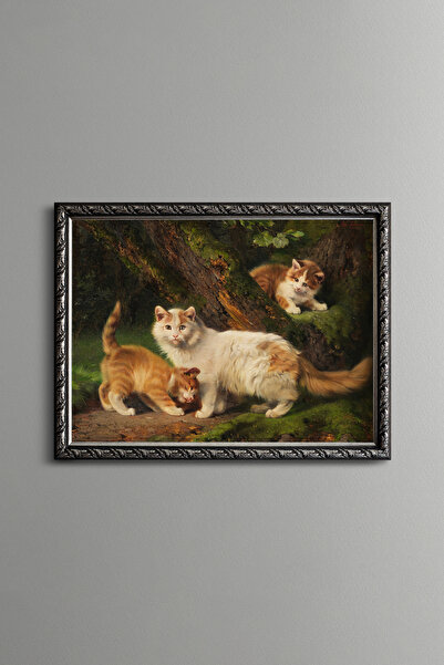 epiqart Cat Family Playing in the Forest - Vintage Patterned Frame