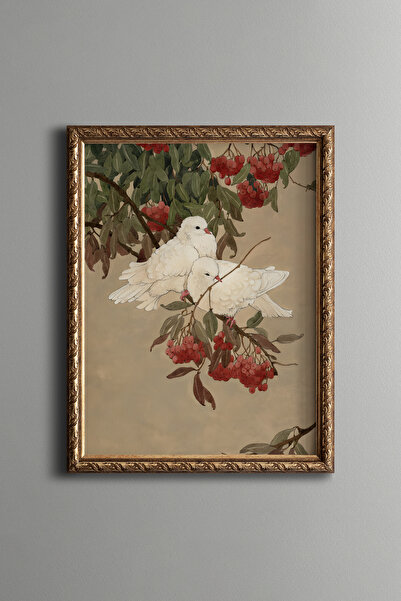 epiqart Beyaz Güvercinler - Vintage Desenli Çerçeve