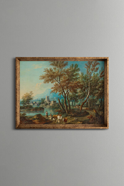 epiqart Shepherd Girl and Garda Lake Landscape - Vintage Patterned Frame
