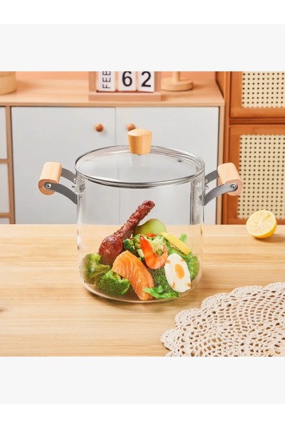 rexa Clear Heat-Resistant Glass Pot with Lid and Wooden Handle - 5.5 L - 2SS1-A05-004