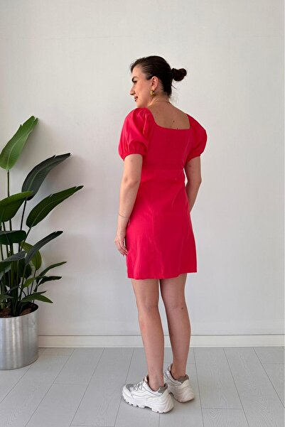 MaziButik Gathered Collar Dress Fuchsia