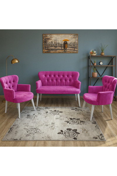 Azra Mobilya Fuşya Babyface Kumaş Çay Seti Koltuk Takımı – 2 Berjer + 1 İkili, Modern, Beyaz Ayak