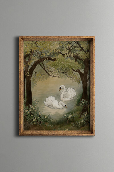 epiqart Kuğu Çifti - Vintage Desenli Çerçeve