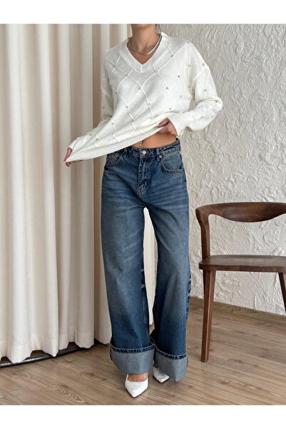 yeditepe fashion V-Neck Shiny Stone Patterned Knitwear Sweater White