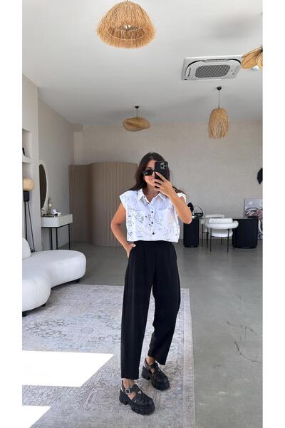 Buket Teke Black Washed Fabric Trousers with Elastic Waist