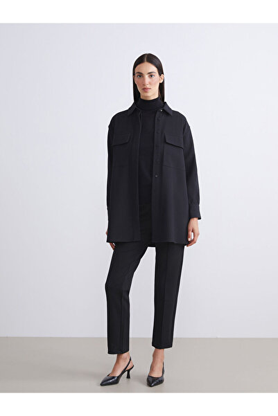 LC Waikiki Siyah Oversize Kadife Kadın Gömlek Tunik