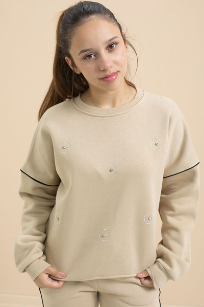 Cansın Mini Beige Sequin Embroidered Hooded Girl's 2-Piece Tracksuit Set 21427