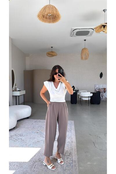 Buket Teke Mink Washed Fabric Trousers with Elastic Waist