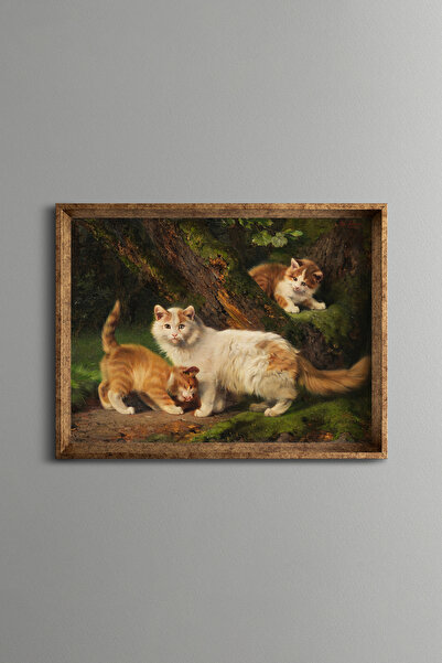 epiqart Cat Family Playing in the Forest - Vintage Patterned Frame