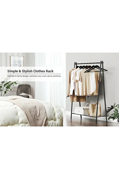 SONGMICS Steel Frame Clothes Rack with Hanging Rail and Shelf, 34x93x153cm, Matte Black