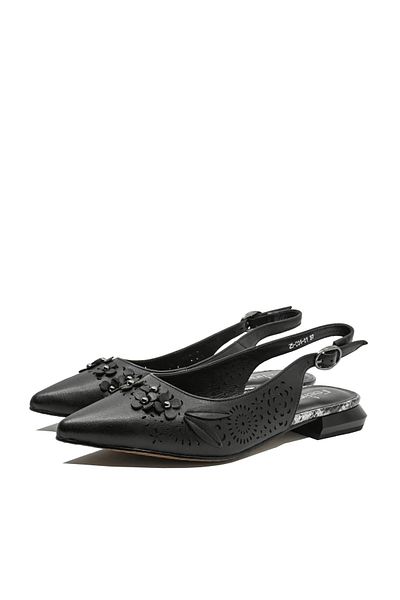 FEELİNG Black Cut-Out Women's Shoes Leather Floral Details