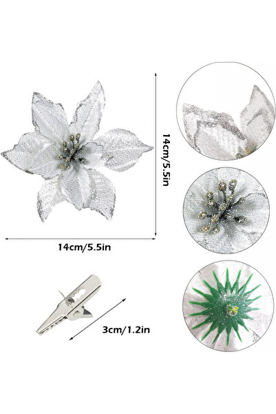 OEM Set de 24 flori de Crăciun și 24 cleme OnlyGay, plastic/oțel inoxidabil, argintiu, 14 x 14 cm
