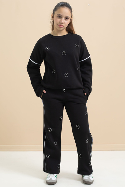 Cansın Mini Black Sequin Embroidered Hooded Girl's 2-Piece Tracksuit Set 21428