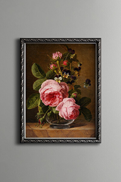 epiqart Roses in Glass Vase - Vintage Patterned Frame