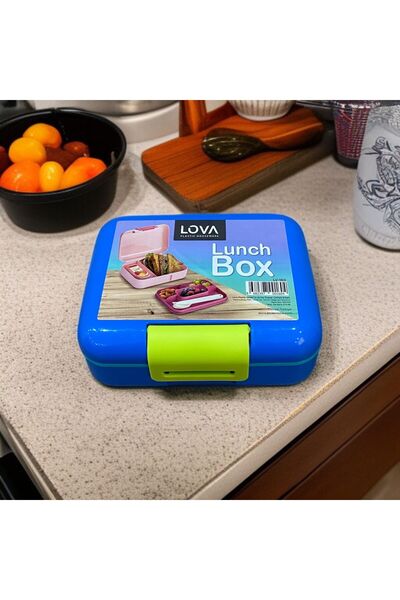 SANALTİCARETİM Two-Tier Blue Color Children's Lunch Box with Fork, Knife and Spoon Set