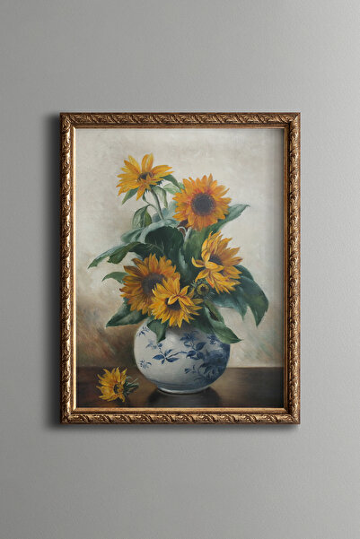 epiqart Ayçiçekli Natürmort - Vintage Desenli Çerçeve