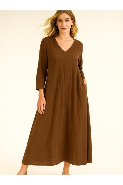 Butik İtalyan Keten V Yaka Elbise - KAHVERENGİ