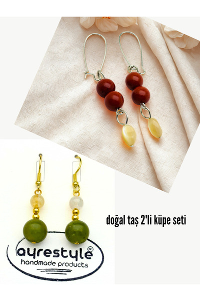ayrestyle Set of 2 Dangle Earrings with Natural Stones - Jasper-Jade & Citrine-Natural Stone Dangle Colorful Earrings
