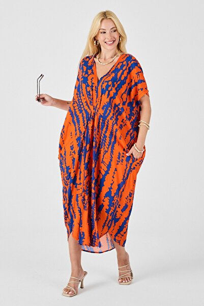 VAGGON Γυναικείο φόρεμα καφτάν με πορτοκαλί σχέδιο με λαιμόκοψη σε σχήμα V Vs00829
