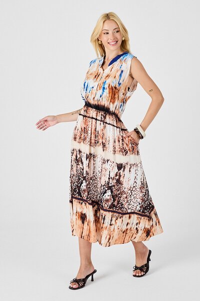 VAGGON Γυναικείο μπεζ γιακά με κουμπιά με μοτίβο αμάνικο μίντι φόρεμα Vs00831