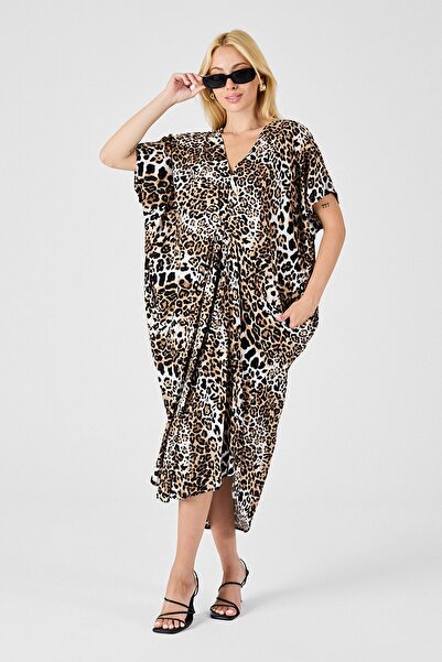 VAGGON Γυναικείο φόρεμα καφτάν με λεοπάρ σχέδιο με λαιμόκοψη σε σχήμα V Vs00829
