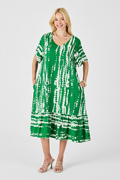 VAGGON Γυναικείο φόρεμα με πράσινο σχέδιο με βαφή με λαιμόκοψη σε σχήμα V Vs00828