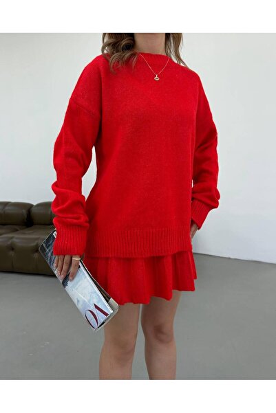 NZL TEKSTİL Dgn's Crocheted Mini Skirt with Crocheted Sweater with Crocheted Necklace Women's Top and Bottom Knitwear Set